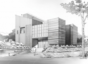 晴日下现代建筑旁行人漫步